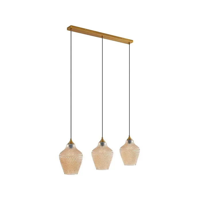 Lindby Pendelleuchte Drakar - L x B x H: 97 x 22 x 32 cm, creme / amber, amber, gold, E27 - Lineare Dreifach-Pendelleuchte mit goldfarbener Deckenstange und strukturierten bernsteinfarbenen Glasschirmen.
