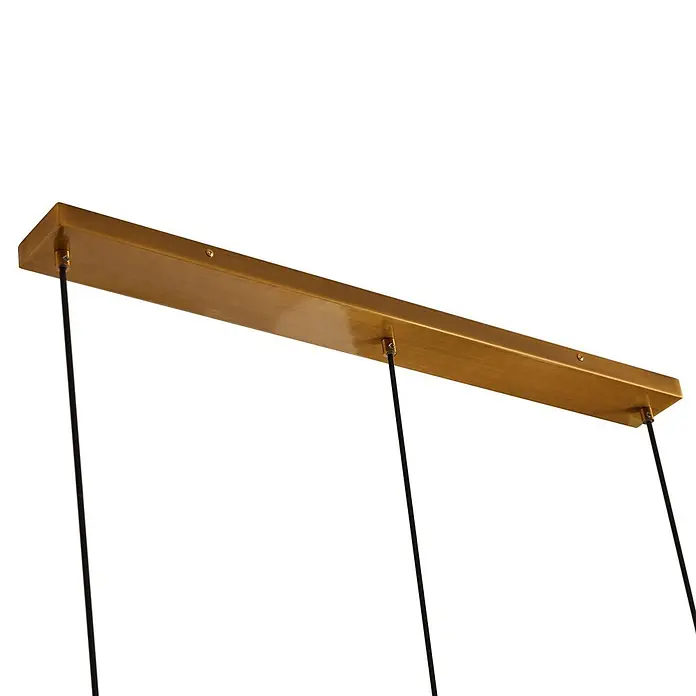 Lindby Pendelleuchte Drakar - L x B x H: 97 x 22 x 32 cm, creme / amber, amber, gold, E27 - Rechteckige goldfarbene Metall-Deckenplatte für Pendelleuchte mit drei schwarzen Kabeln.