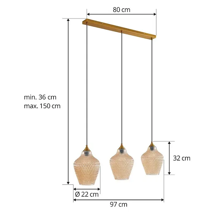 Lindby Pendelleuchte Drakar - L x B x H: 97 x 22 x 32 cm, creme / amber, amber, gold, E27 - Goldene 3-flammige Pendelleuchte mit strukturierten Glasschirmen. Höhenverstellbar, 80cm Schiene.