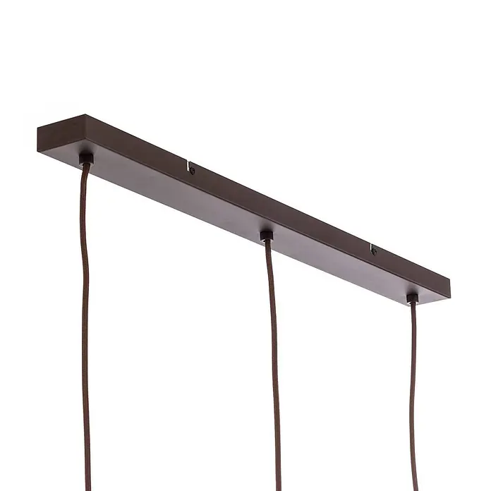 Lindby Pendelleuchte Valentina - L x B x H: 75 x 18 x 150 cm, alu / grau / zink, braun, rauchgrau, E14 - Braune rechteckige Deckenleiste mit drei braunen Textilkabeln für Pendelleuchten.