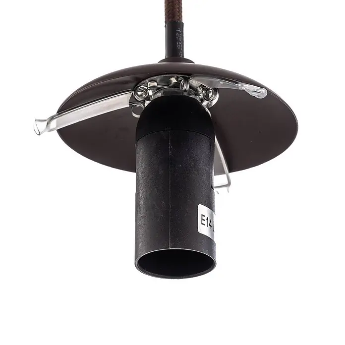 Lindby Pendelleuchte Valentina - alu / grau / zink, braun, rauchgrau, E14 - Dunkelbraune Deckenrosette und schwarze E14 Lampenfassung mit geflochtenem Kabel. Mit transparenten Klammern.