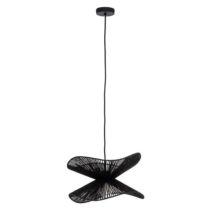 Lindby Pendelleuchte Valdorin - L x B x H: 40 x 40 x 26 cm, schwarz, Schwarz, E27 - Schwarze Hängelampe aus gewebtem Garn mit offenem, schmetterlingsähnlichem Design, an schwarzem Kabel hängend.