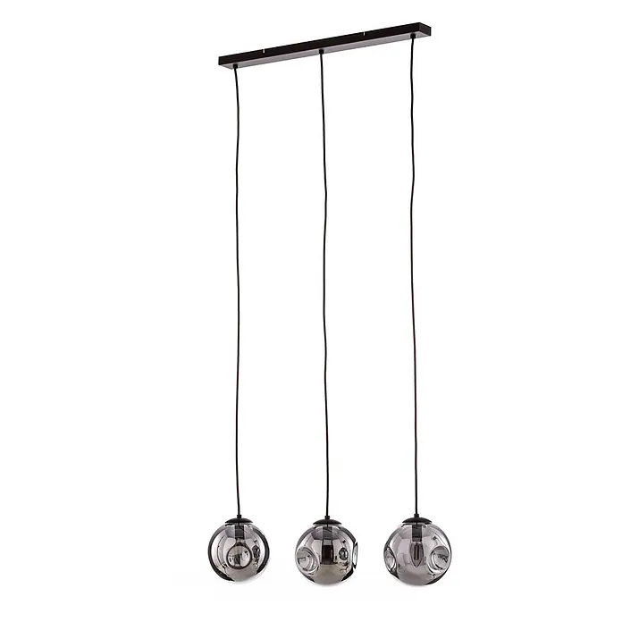 Lindby Pendelleuchte Valentina - L x B x H: 75 x 18 x 150 cm, alu / grau / zink, braun, rauchgrau, E14 - Lineare Pendelleuchte mit drei Rauchglas-Kugelgläsern und dunkler Aufhängung.