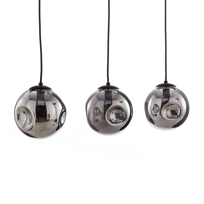 Lindby Pendelleuchte Valentina - L x B x H: 75 x 18 x 150 cm, alu / grau / zink, braun, rauchgrau, E14 - Drei kugelförmige Hängelampen aus Rauchglas mit unregelmäßigen Einbuchtungen und schwarzen Kabeln.