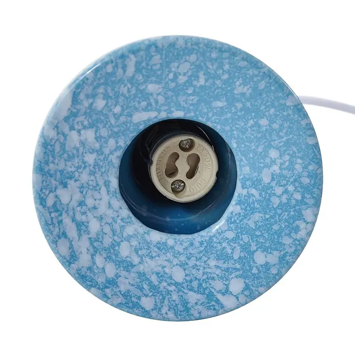 Lindby Pendelleuchte Kerimi - L x B x H: 11 x 11 x 21,5 cm, weiß / opal, weiß, Blau, GU10 - Runde, gesprenkelte hellblaue Lampenfassung mit hellem GU10-Sockel und sichtbarer Verkabelung.