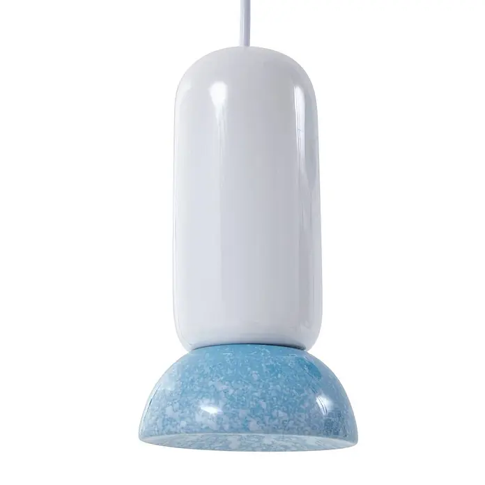 Lindby Pendelleuchte Kerimi - L x B x H: 11 x 11 x 21,5 cm, weiß / opal, weiß, Blau, GU10 - Zweiteilige Pendelleuchte: oben glänzend weiß zylindrisch, unten gesprenkelt hellblau kuppelförmig.