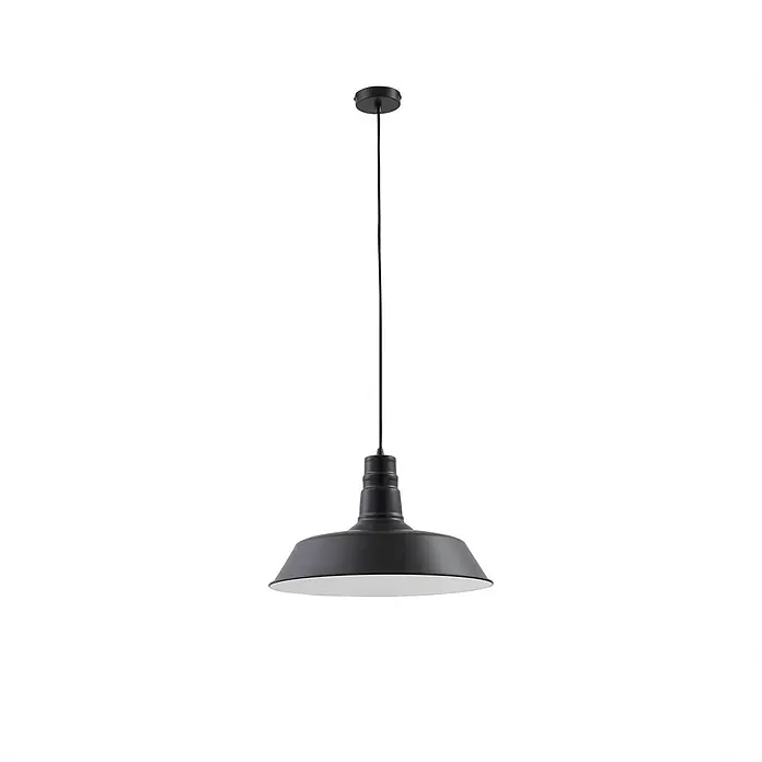 Lindby Pendelleuchte Laylan - L x B x H: 46 x 46 x 10,5 cm, schwarz, Schwarz, weiß, E27 - Schwarze Industrie-Pendelleuchte mit weißem Innenreflektor an einer schwarzen Schnur.