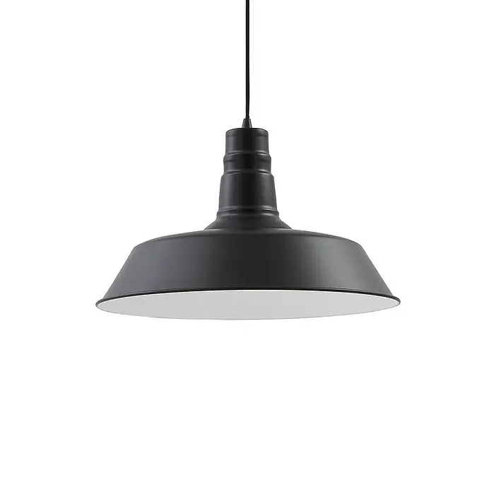 Lindby Pendelleuchte Laylan - L x B x H: 46 x 46 x 10,5 cm, schwarz, Schwarz, weiß, E27 - Schwarze Metall-Pendelleuchte mit breitem, flachem Schirm und weißem Innenreflektor, an schwarzem Kabel hängend.