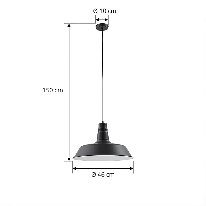 Lindby Pendelleuchte Laylan - L x B x H: 46 x 46 x 10,5 cm, schwarz, Schwarz, weiß, E27 - Schwarze Metall-Pendelleuchte, 150 cm lang, mit einem 46 cm breiten schalenförmigen Schirm.