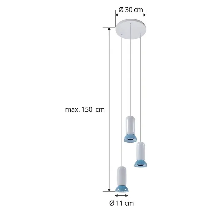 Lindby Pendelleuchte Kerimi - L x B x H: 30 x 30 x 21,5 cm, weiß / opal, weiß, Blau, GU10 - Dreifach-Pendelleuchte mit weißen und gesprenkelt blauen Schirmen.