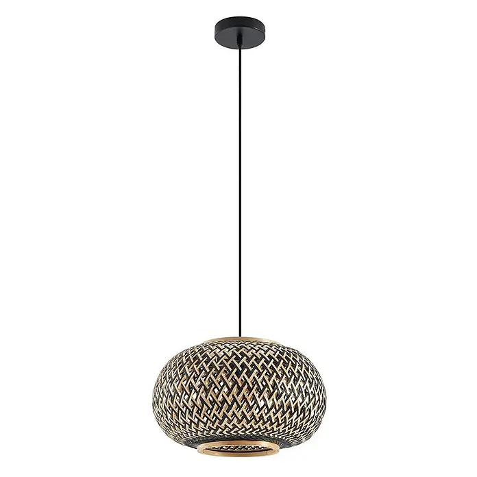 Lindby Pendelleuchte Nerys - Holz dunkel, Schwarz, holz dunkel, E27 - Pendelleuchte mit ovalem Schirm aus geflochtenem schwarzem und naturfarbenem Bambus, an schwarzem Kabel und Deckenrosette.
