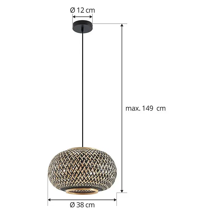Lindby Pendelleuchte Nerys - Holz dunkel, Schwarz, holz dunkel, E27 - Hängeleuchte mit rundem, schwarz-naturfarbenem Geflecht-Schirm. Max. Höhe 149 cm, Schirm Ø 38 cm.