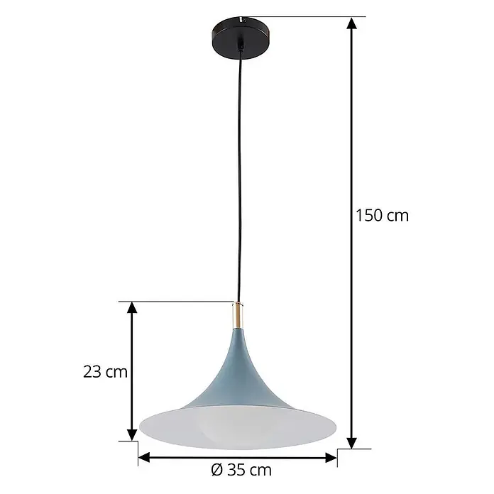 Lindby Pendelleuchte Jarl - L x B x H: 35 x 35 x 23 cm, blau, Blau, G9 - Matte blaue Pendelleuchte mit weitem konischen Schirm, weißem Diffusor, schwarzem Kabel und Messing-Akzent.