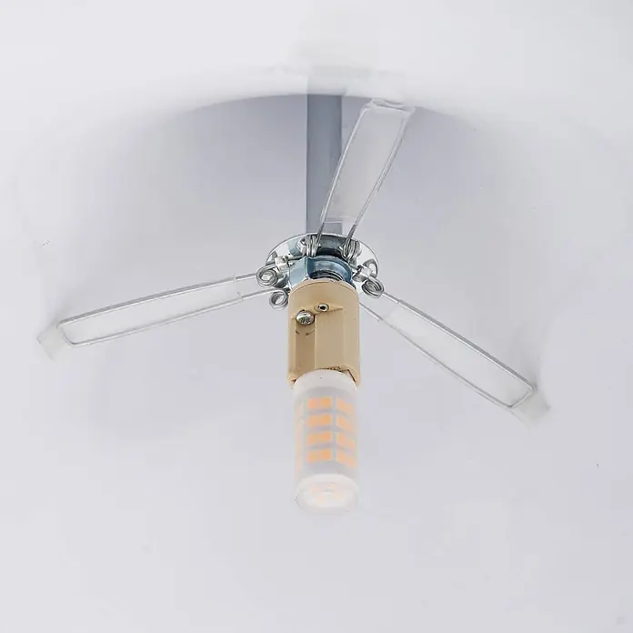Lindby Pendelleuchte Jarl - L x B x H: 35 x 35 x 23 cm, blau, Blau, G9 - LED-Birne in hellbrauner Fassung mit drei transparenten, propellerartigen Flügeln, Teil einer Hängelampe.