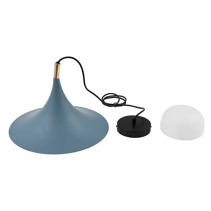 Lindby Pendelleuchte Jarl - L x B x H: 35 x 35 x 23 cm, blau, Blau, G9 - Blaue, glockenförmige Metall-Pendelleuchten-Teile mit Goldakzent, schwarzem Kabel und weißem Kugel-Diffusor.