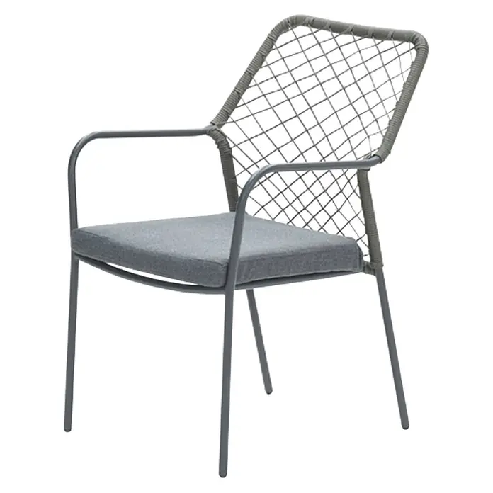 Garden Impressions Gartensessel Dido - 1 Stk., Stahl, Polyester, Stapelbar, Grün/Grau, B x T x H: 63 x 85 x 55 cm - Grauer Stuhl mit Metallrahmen, geflochtener Seillehne und grauem Stoffkissen.