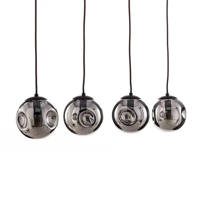 Lindby Pendelleuchte Valentina - alu / grau / zink, braun, rauchgrau, E14 - Vier moderne kugelförmige Pendelleuchten mit Rauchglas und schwarzen Kabeln.