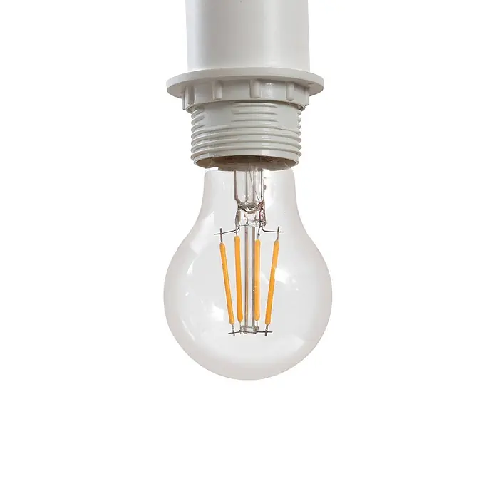 Lindby Pendelleuchte Helin - Multicolour, weiß, Schwarz, grau, E27 - Klare LED-Glühbirne mit orangefarbenen Filamenten, in eine hellgraue Lampenfassung geschraubt.