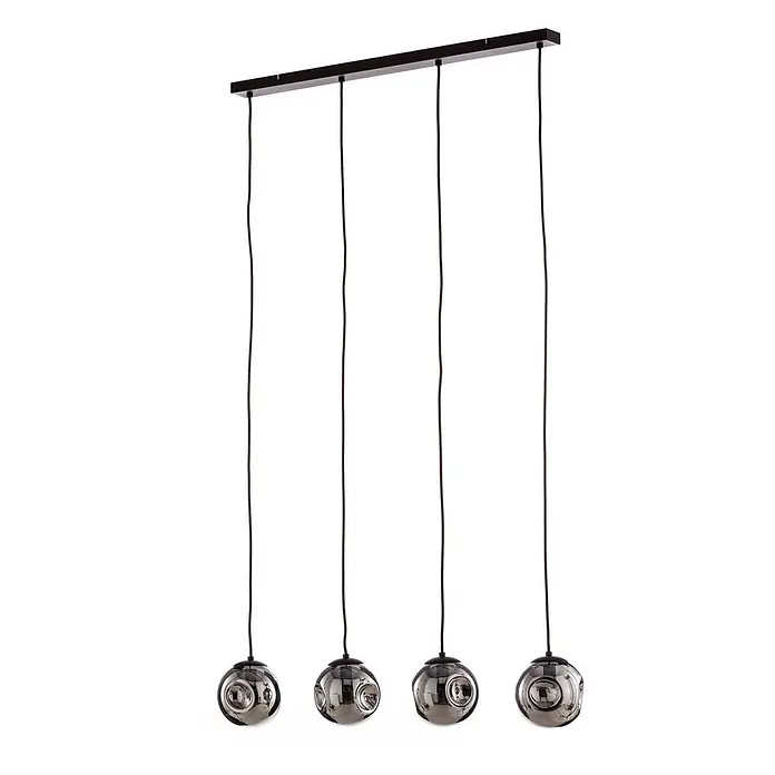 Lindby Pendelleuchte Valentina - alu / grau / zink, braun, rauchgrau, E14 - Vierflammige Pendelleuchte mit rauchfarbenen Glaskugelschirmen und schwarzer Deckenleiste.