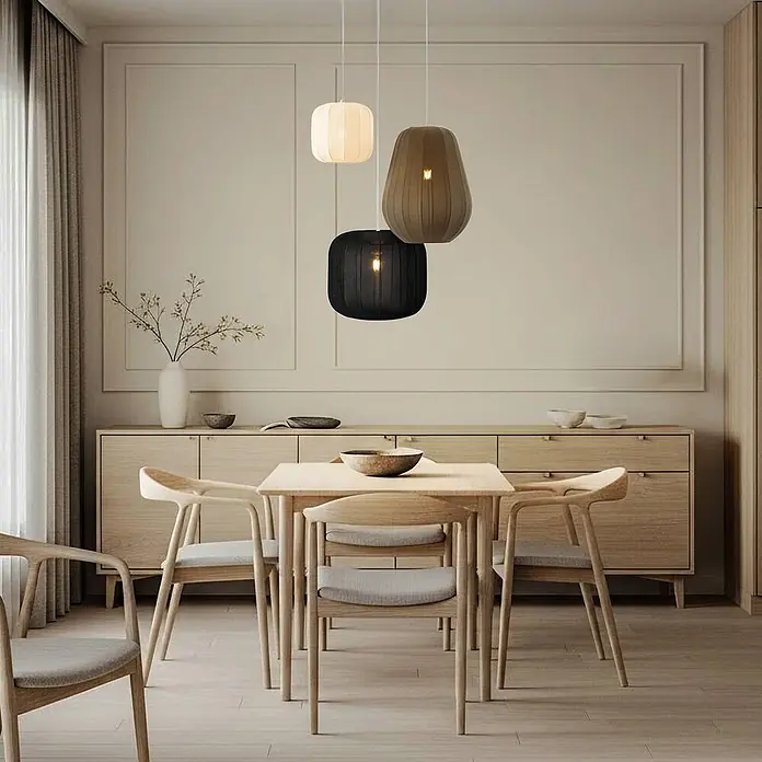 Lindby Pendelleuchte Helin - Multicolour, weiß, Schwarz, grau, E27 - Drei Pendelleuchten in Weiß, Braun und Schwarz aus geripptem Stoff hängen über einem hellen Esstisch aus Holz.