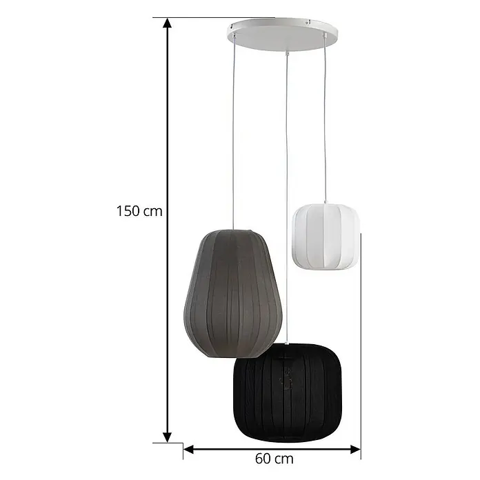 Lindby Pendelleuchte Helin - Multicolour, weiß, Schwarz, grau, E27 - Dreiflammige Pendelleuchte mit runder weißer Deckenplatte und drei Textilschirmen in Grau, Schwarz und Weiß. Max. Höhe 150 cm, Breite 60 cm.