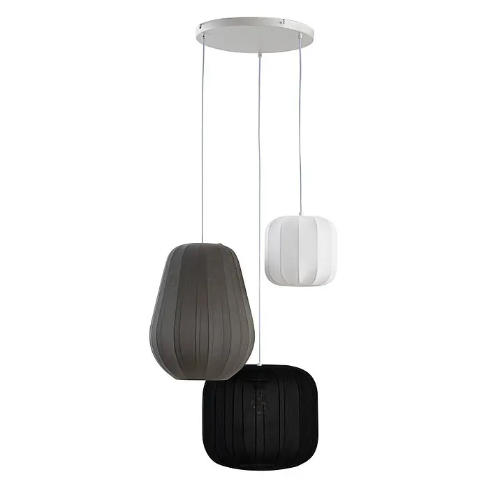 Lindby Pendelleuchte Helin - Multicolour, weiß, Schwarz, grau, E27 - Dreifach-Pendelleuchte mit weißer Deckenplatte und drei Stoffschirmen in Grau, Weiß und Schwarz, verschiedene Formen.