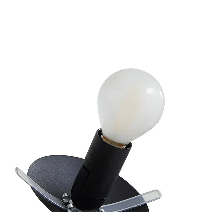 Lindby Pendelleuchte Isamer - alu / grau / zink, Schwarz, rauchgrau, amber, E14 - Weiße Glühbirne in schwarzer Lampenfassung und -armatur mit transparenten Klammern.