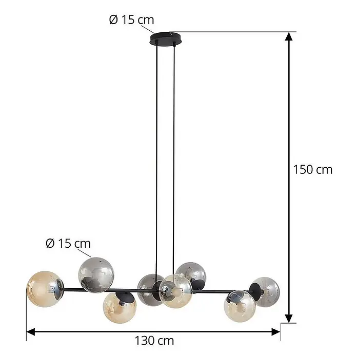 Lindby Pendelleuchte Isamer - alu / grau / zink, Schwarz, rauchgrau, amber, E14 - Moderne schwarze Hängelampe mit 8 kugelförmigen bernstein- und rauchfarbenen Glasschirmen, 130x150 cm.