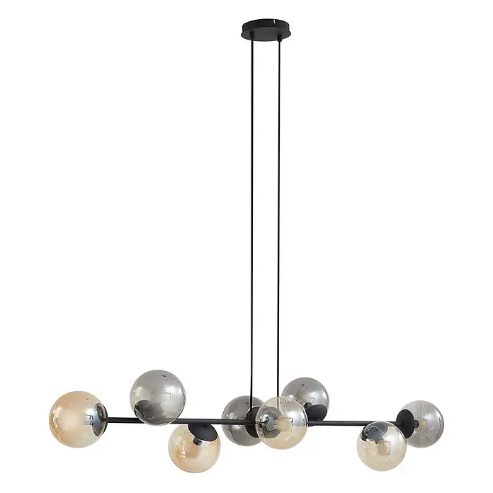 Lindby Pendelleuchte Isamer - alu / grau / zink, Schwarz, rauchgrau, amber, E14 - Moderne lineare Hängeleuchte mit schwarzer Stange und gemischten bernsteinfarbenen und rauchgrauen Glaskugeln, an schwarzen Kabeln.