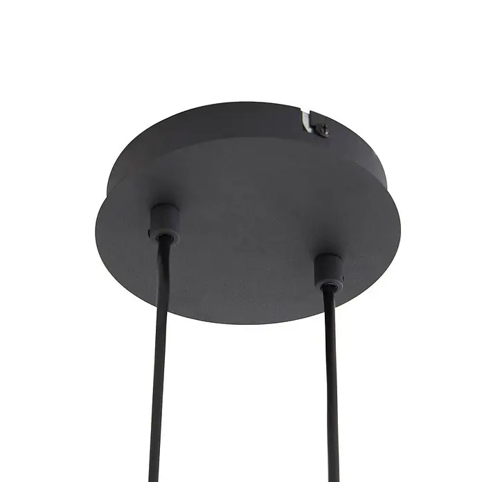 Lindby Pendelleuchte Isamer - alu / grau / zink, Schwarz, rauchgrau, amber, E14 - Runde, matt-schwarze Deckenrosette mit zwei schwarzen Kabeln für Pendelleuchten.