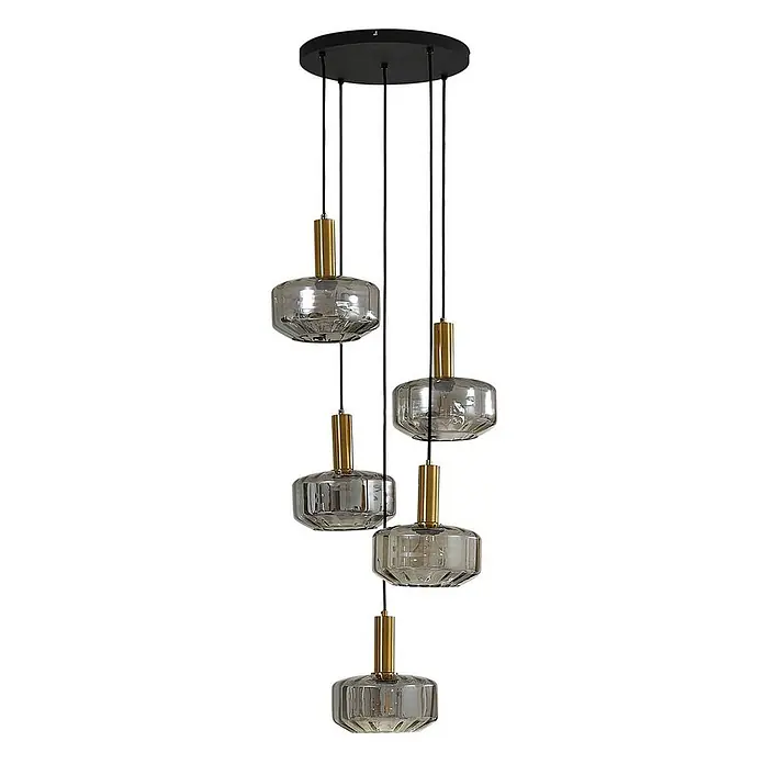 Lindby Pendelleuchte Hildur - L x B x H: 51,2 x 35 x 11,8 cm, alu / grau / zink, rauchgrau, messing, E27 - Fünfflammige Pendelleuchte mit schwarzer Deckenplatte, goldenen Akzenten und geräucherten, gerillten Glasschirmen.