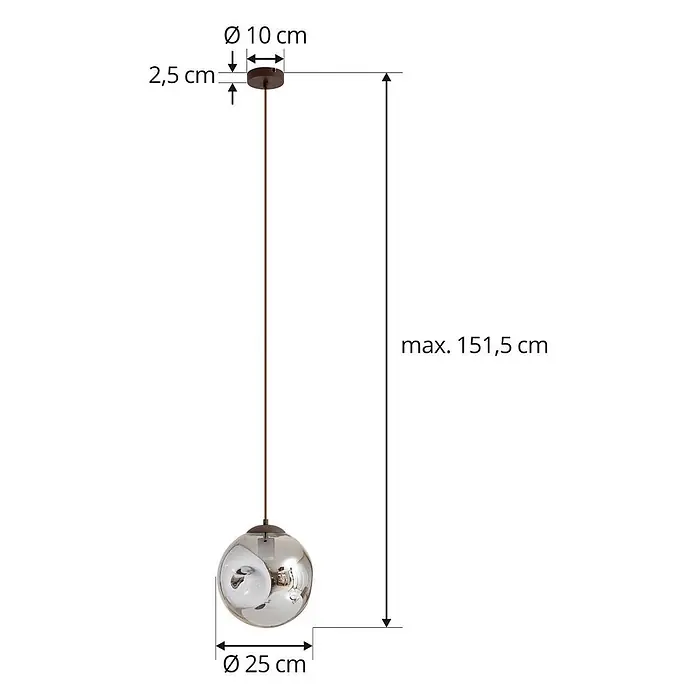 Lindby Pendelleuchte Valentina - alu / grau / zink, rauchgrau, kaffee, E27 - Braune Pendelleuchte mit rauchfarbenem, kugelförmigem Glasschirm (Ø 25 cm), Gesamtlänge bis 151,5 cm einstellbar.