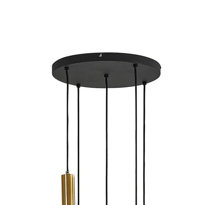 Lindby Pendelleuchte Hildur - L x B x H: 51,2 x 35 x 11,8 cm, alu / grau / zink, rauchgrau, messing, E27 - Schwarze runde Deckenplatte mit fünf schwarzen Kabeln für eine Mehrfach-Pendelleuchte; ein Kabel führt zu einem goldenen zylindrischen Element.