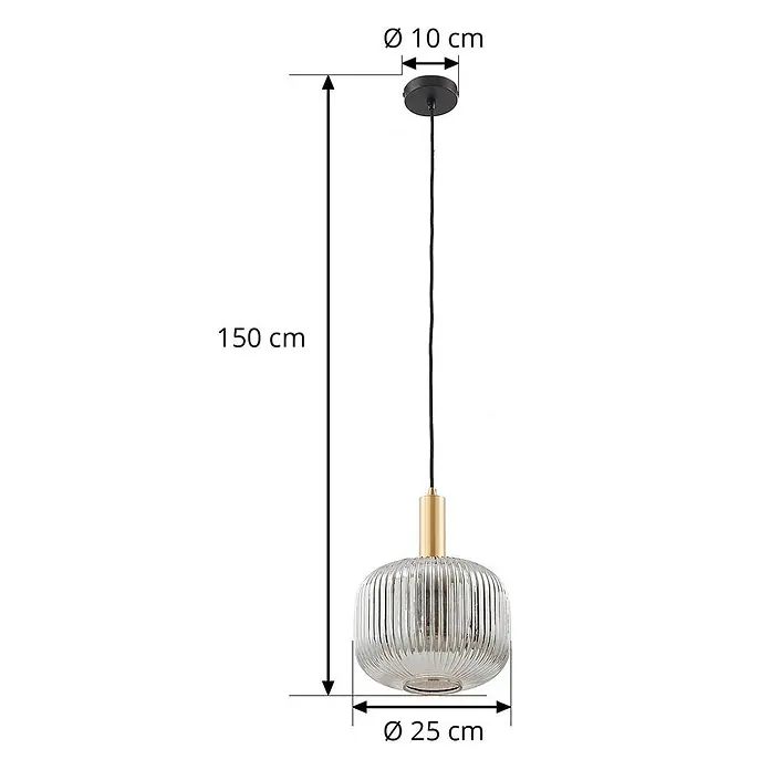 Lindby Pendelleuchte Doroteo - L x B x H: 25 x 25 x 8,5 cm, alu / grau / zink, rauchgrau, gold, E27 - Pendelleuchte aus geripptem Glas mit Goldakzenten, 150 cm Gesamtlänge, 25 cm Schirmdurchmesser.