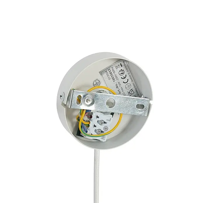 Lindby Pendelleuchte Aralena - weiß / opal, weiß, E27 - Weiße runde Deckenrosette mit interner Verdrahtungsklemme und Montagebügel, Kabel sichtbar.