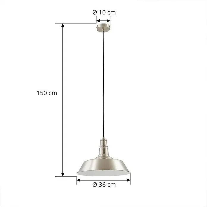 Lindby Pendelleuchte Laylan - alu / grau / zink, nickel, weiß, E27 - Gebürstete Nickel-Pendelleuchte mit breitem Schirm. Gesamtlänge 150 cm, Schirmdurchmesser 36 cm.