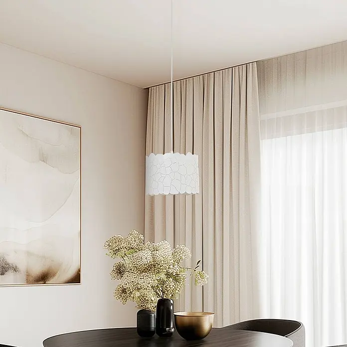 Lindby Pendelleuchte Aralena - weiß / opal, weiß, E27 - Weiße gemusterte Pendelleuchte, hängt in einem modernen Interieur.