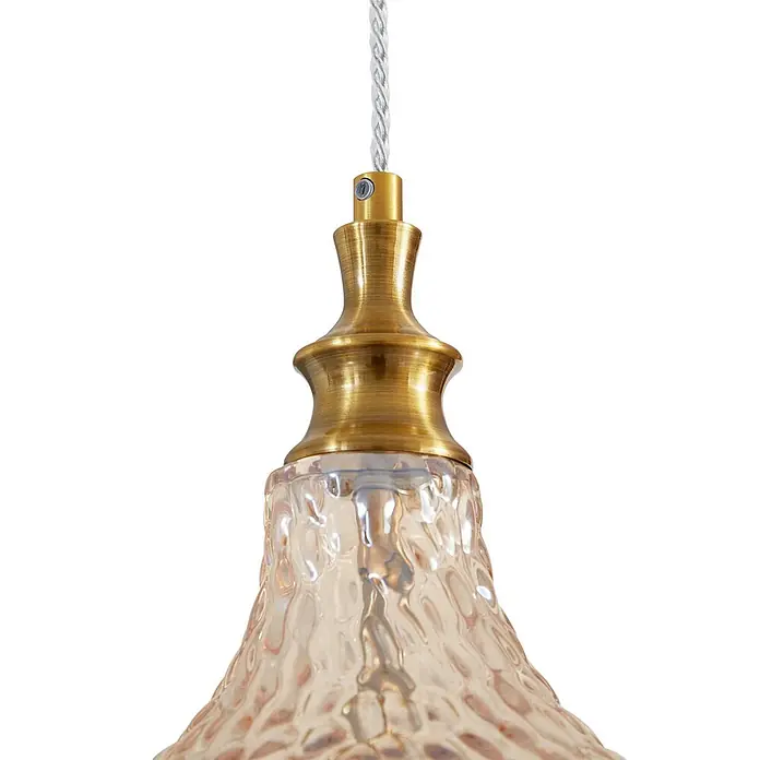 Lindby Pendelleuchte Drakar - creme / amber, amber, gold, E27 - Goldfarbene Metall-Pendelleuchte mit strukturiertem, bernsteinfarbenem Glas und gedrehtem, weißem Kabel.
