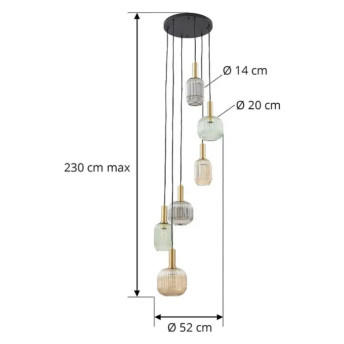 Lindby Pendelleuchte Doroteo - L x B x H: 52 x 52 x 18 cm, alu / grau / zink, rauchgrau, E27 - Mehrflammige Deckenleuchte, sechs gerippte Glasschirme (klar, amber, grün) und Messing, von einer schwarzen Rosette hängend. Max. Höhe 230cm, Rosette Ø 52cm.