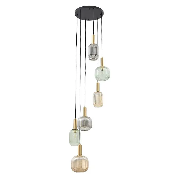 Lindby Pendelleuchte Doroteo - L x B x H: 52 x 52 x 18 cm, alu / grau / zink, rauchgrau, E27 - Mehrflammige Pendelleuchte mit schwarzer Deckenplatte, messingfarbenen Fassungen und sechs gerippten Glasschirmen in klar, grün und bernsteinfarben.