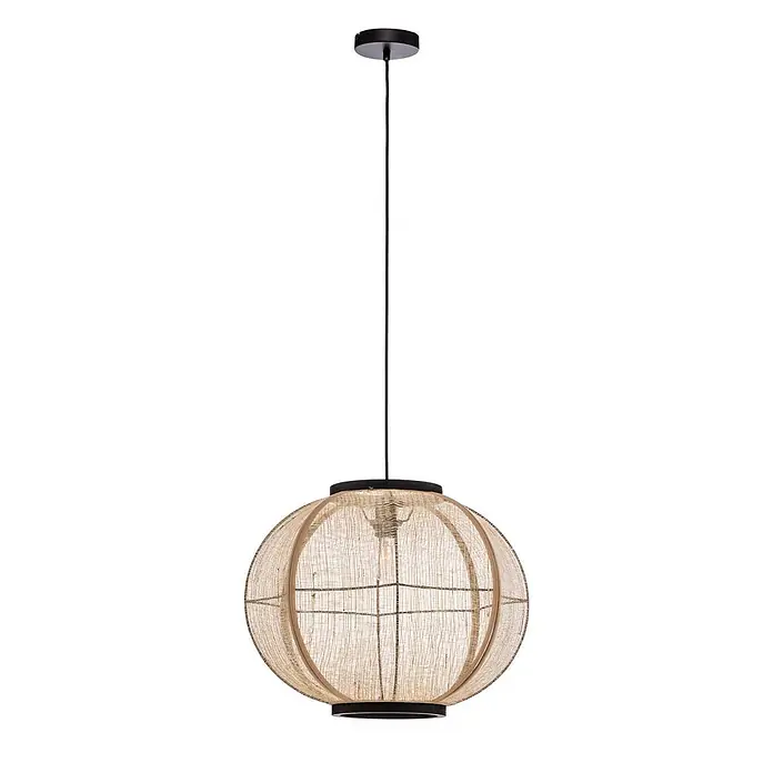 Lindby Pendelleuchte Aurinil - L x B x H: 48 x 48 x 40 cm, Holz hell, holz hell, Schwarz, E27 - Ovale Pendelleuchte mit naturfarbenem Gewebeschirm und schwarzen Metalldetails.