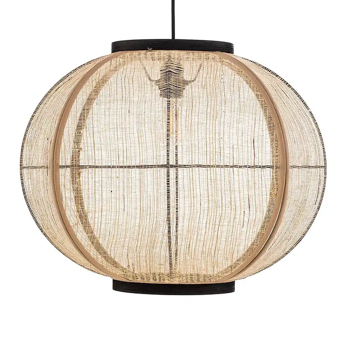 Lindby Pendelleuchte Aurinil - L x B x H: 48 x 48 x 40 cm, Holz hell, holz hell, Schwarz, E27 - Sphärische Hängelampe mit natürlichem Fasergeflecht-Schirm und schwarzen Holz-Akzenten.
