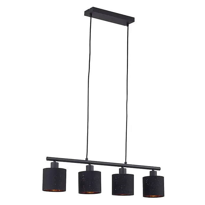 Lindby Pendelleuchte Vasilia - L x B x H: 75 x 12 x 11 cm, schwarz, Schwarz, gold, E14 - Schwarze 4-flammige Hängelampe mit zylindrischen, gesprenkelten Schirmen und warmem Innenleben, an horizontaler Stange befestigt.