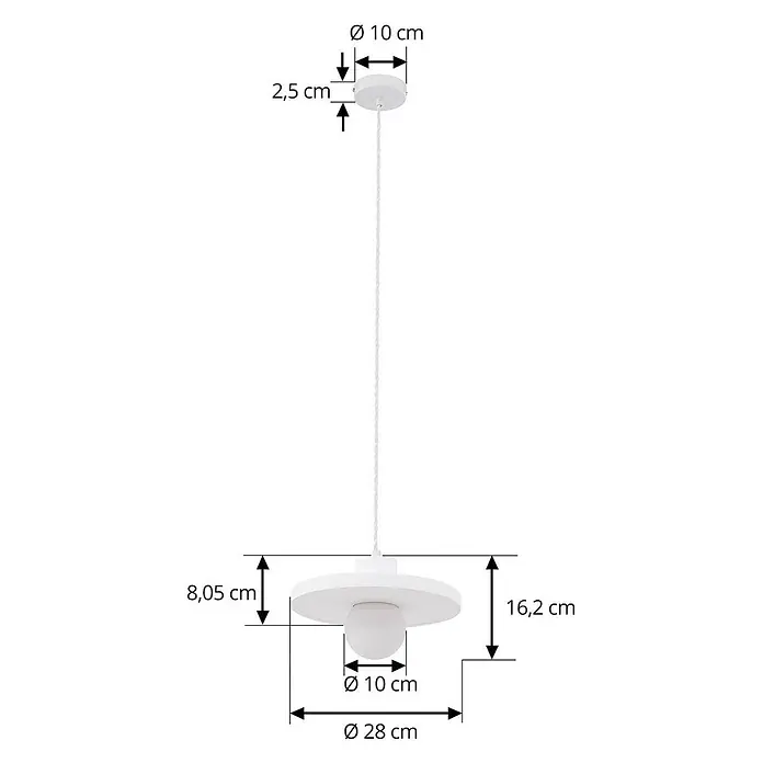 Lindby Pendelleuchte Nielson - weiß / opal, weiß, E27 - Weiße Pendelleuchte mit Maßen: Ø10cm Deckenrosette (H2.5cm), Ø28cm Schirm (H16.2cm), Ø10cm Glühbirne.