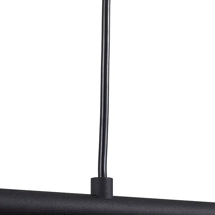Lindby Pendelleuchte Vasilia - L x B x H: 75 x 12 x 11 cm, schwarz, Schwarz, gold, E14 - Mattschwarzes Kabel ragt aus einer glatten schwarzen Horizontalstange, vermutlich einem Bestandteil einer Hängeleuchte.