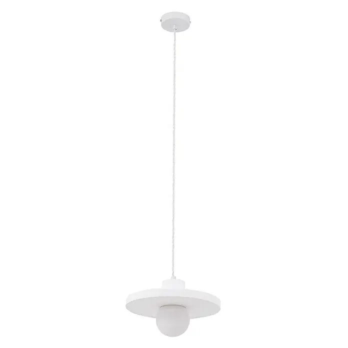 Lindby Pendelleuchte Nielson - weiß / opal, weiß, E27 - Weiße Pendelleuchte mit runder Deckenrosette, geflochtenem Kabel, flachem Schirm und Kugelbirne.