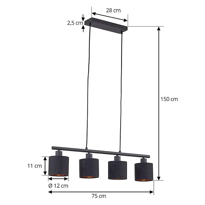 Lindby Pendelleuchte Vasilia - L x B x H: 75 x 12 x 11 cm, schwarz, Schwarz, gold, E14 - Schwarze Hängeleuchte mit vier zylindrischen Schirmen, an einer Deckenleiste montiert.