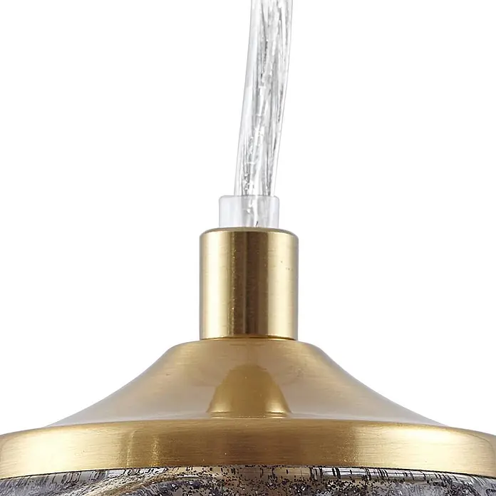 Lindby Pendelleuchte Piatra - L x B x H: 15,5 x 15,5 x 8,5 cm, schwarz, rauchgrau, messing, G9 - Goldene Metallkappe einer Pendelleuchte, verbunden mit einem klaren Kabel und einem strukturierten Glasschirm.