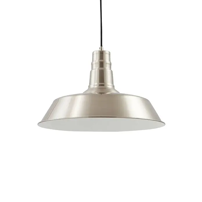 Lindby Pendelleuchte Laylan - alu / grau / zink, nickel, weiß, E27 - Gebürstete Nickel-Pendelleuchte mit breitem, flachem Schirm und schwarzem Hängekabel.