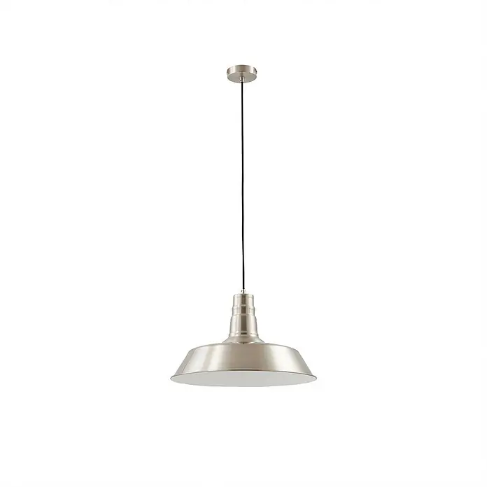 Lindby Pendelleuchte Laylan - alu / grau / zink, nickel, weiß, E27 - Gebürstete Nickel-Pendelleuchte mit schwarzem Kabel und weißem Schirm innen.